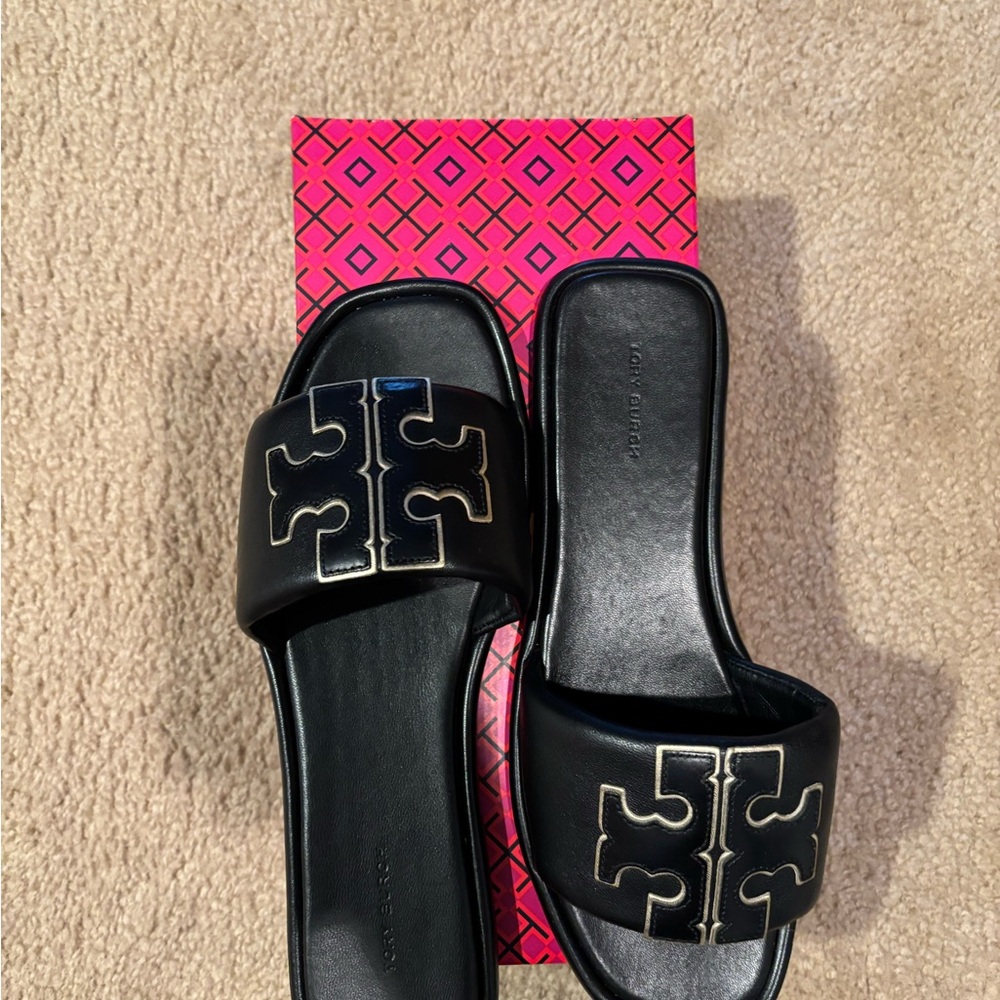 Tory Burch Black Slide Sandals with Gold Logo